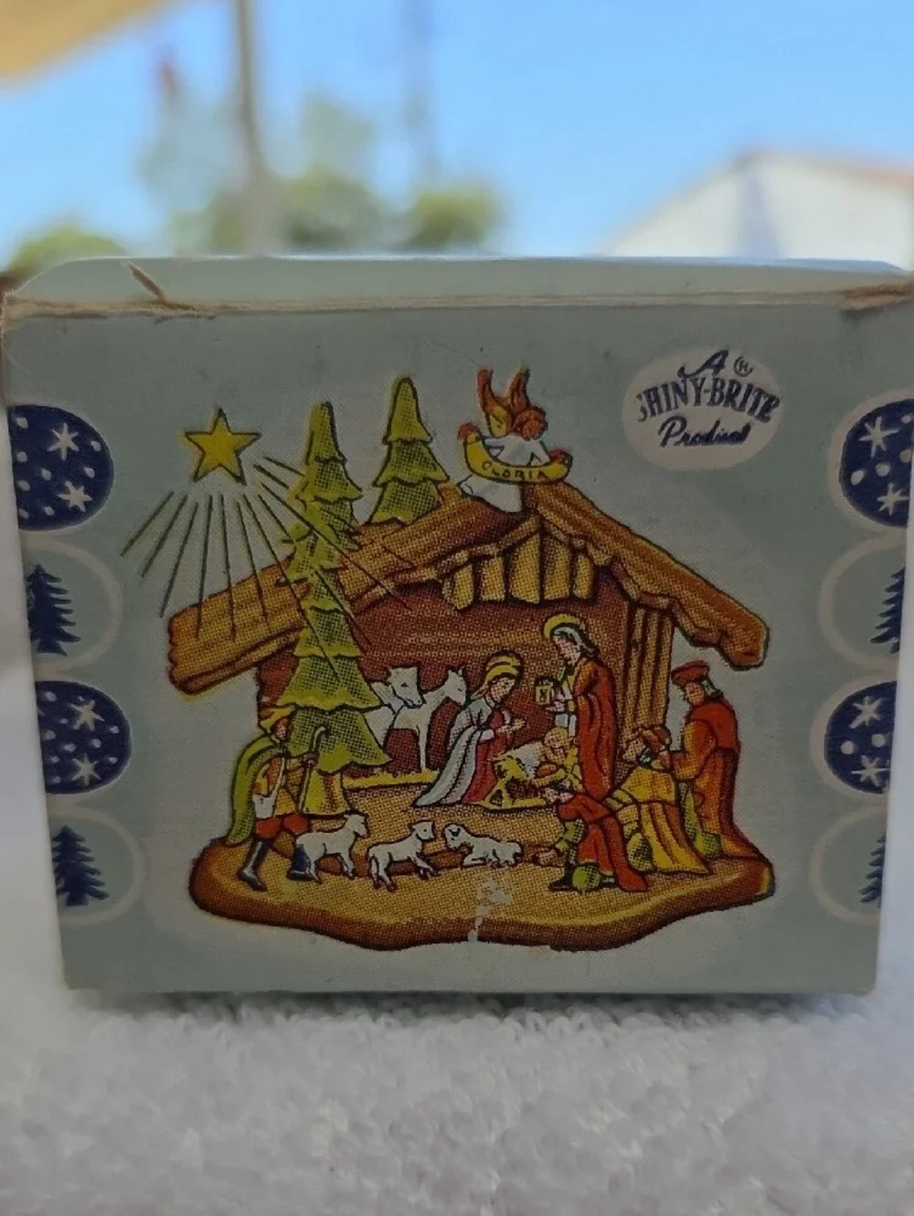 Two Shiny-Brite Light Blue Nativity Scene Ornament.    1 In Box & 1 Without Box